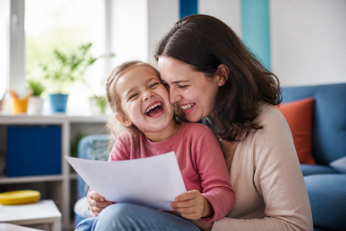Roześmiana mama przytulająca córkę, która trzyma kartkę